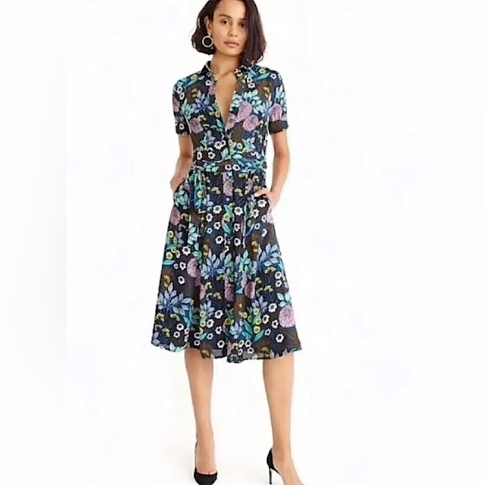 J. Crew X Abigail Borg Shirt Dress Tie Waist Buttons Size 2 Floral Blue Green - Picture 7 of 14